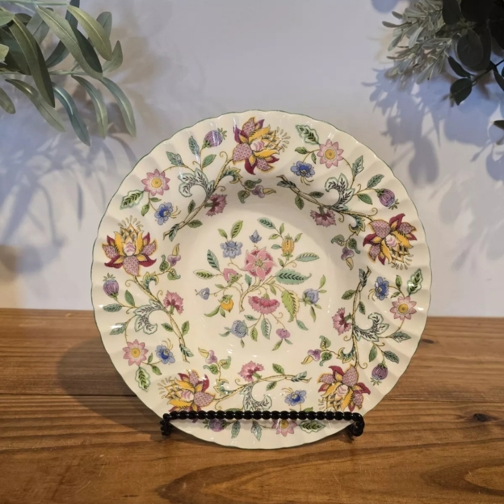 Vintage mintons haddon hall floral chintz green edge swirl pattern 9" soup bowl